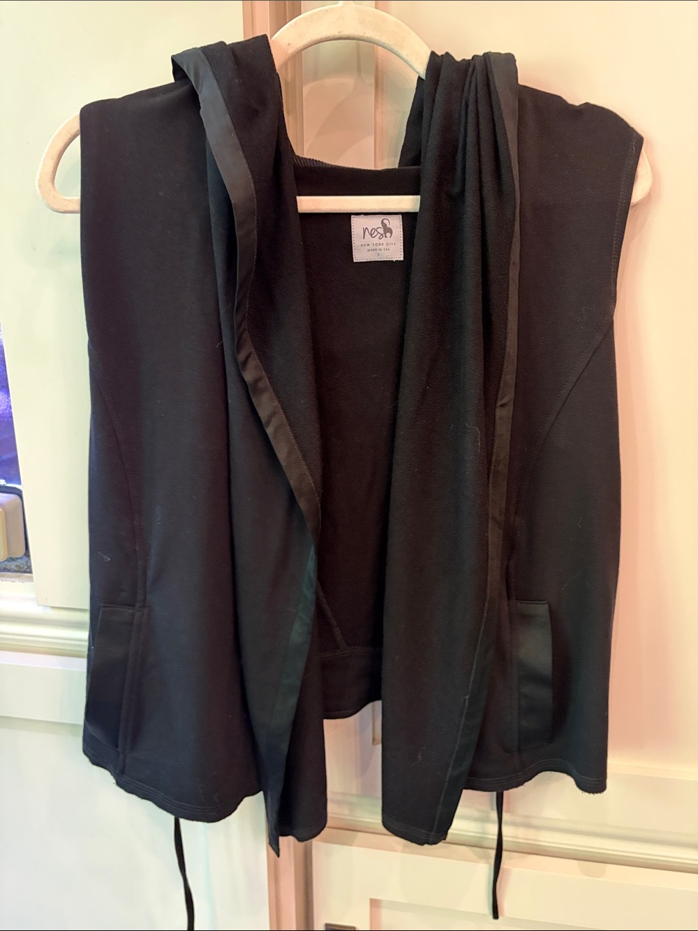 Black Hooded Sleeveless Vest - Satin-Trim Open Front